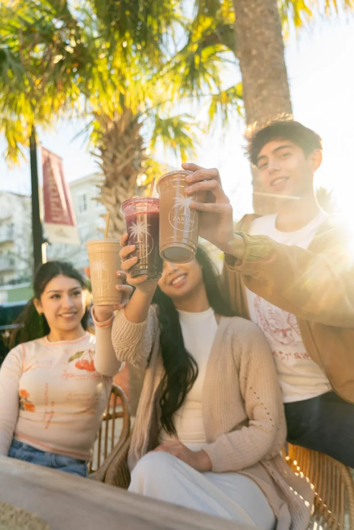 Three friends toasting with Zardin drinks outdoors